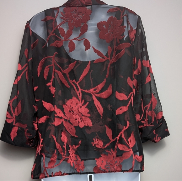 Alex Evenings Metallic Sheer Floral Red Black Burnout Chiffon Jacket & Cami Set - Picture 6 of 16